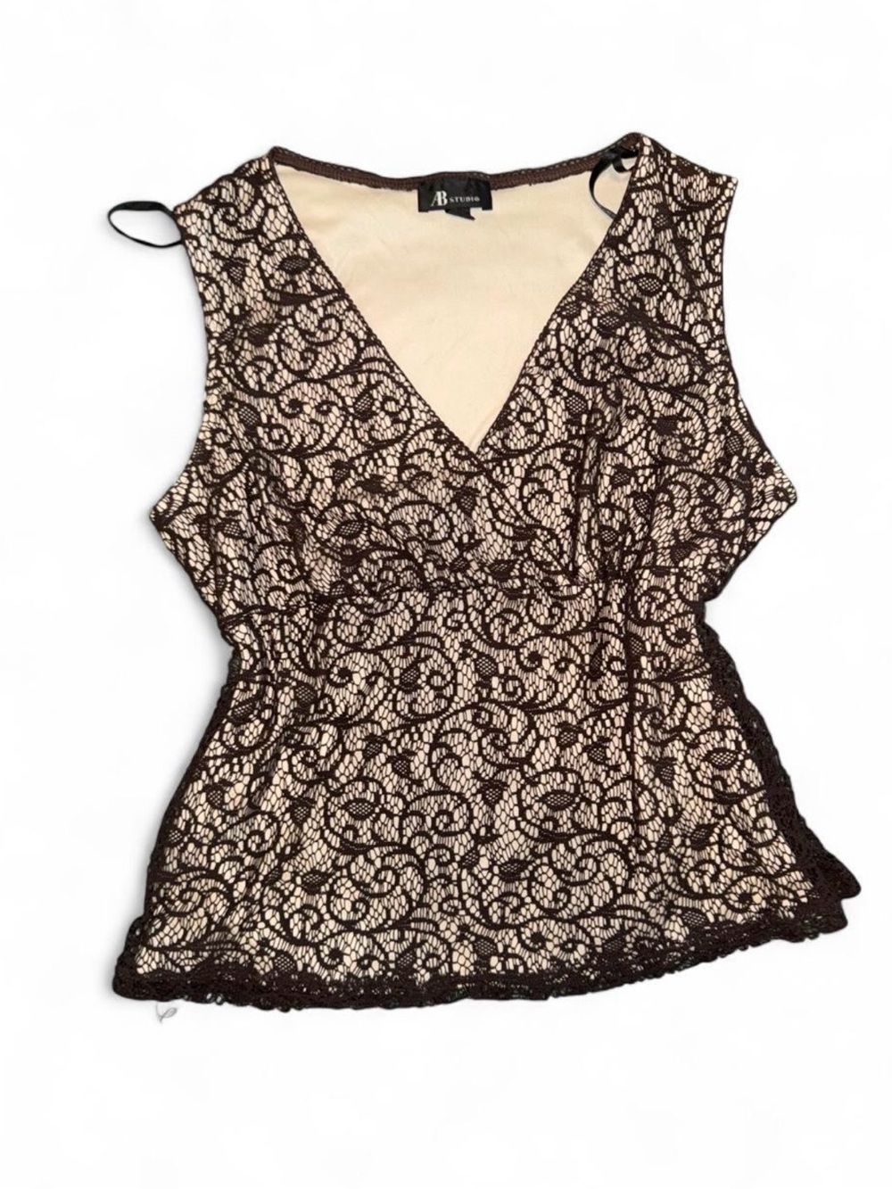 Vintage Y2K AB Studio Brown Lace Overlay V-Neck Camisole with Nude Lining